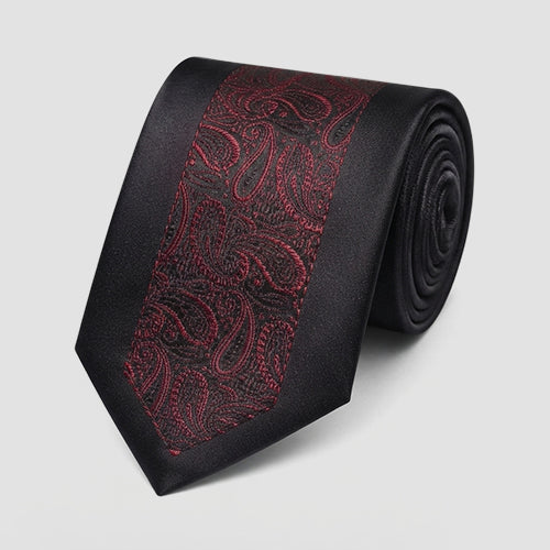 Umo Lorenzo Slim Tie in Metallic Paisley Pattern Black/Burgundy Design