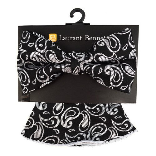 BTH170334 Laurant Bennet Bow Tie & Pocket Square Handkerchief Set Paisley Rib Black