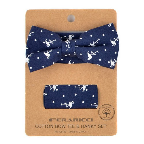 CTBH1734 Feraricci Flamingo Print Cotton Bow Tie & Hanky Set Navy