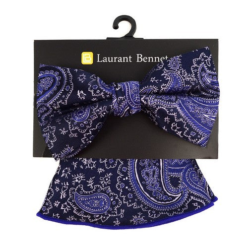 BTH170336 Laurant Bennet Bow Tie & Pocket Square Handkerchief Set Paisley Purple