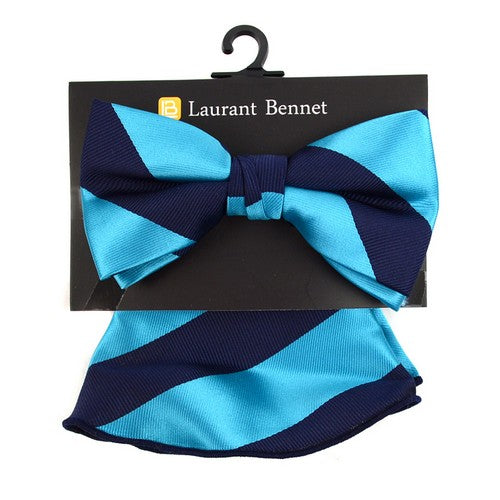 BTH170337 Laurant Bennet Bow Tie & Pocket Square Hankerchies Set Stripe Turquoise