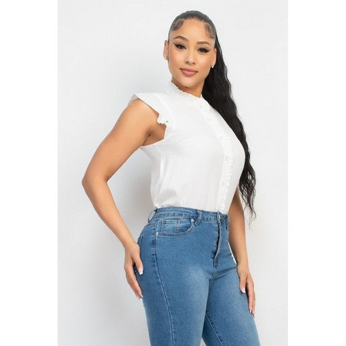 Ruffled Mock Neck Button Down Blouse in White