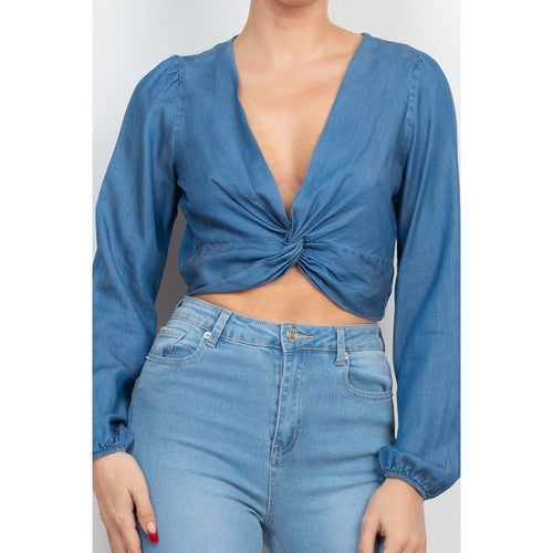 Twist Front Surplice Top in Medium Denim