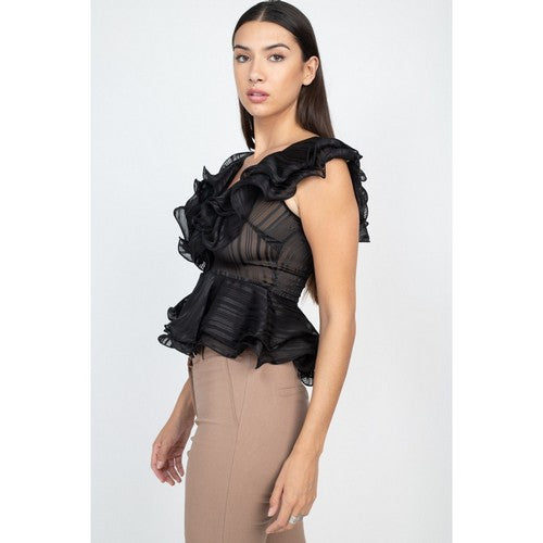 Shadow Stripe Ruffle Top Black