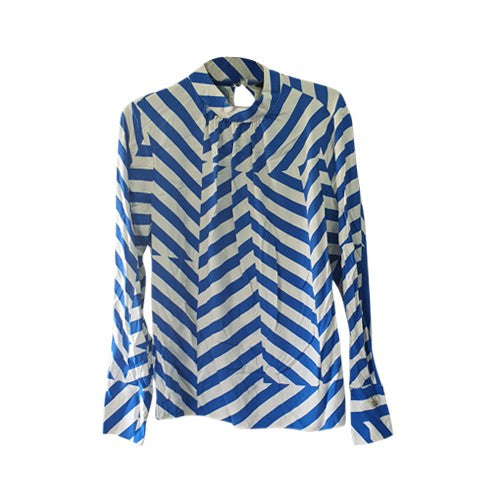Silver Button Detail High Heck Blouse Blue/Ivory Stripe