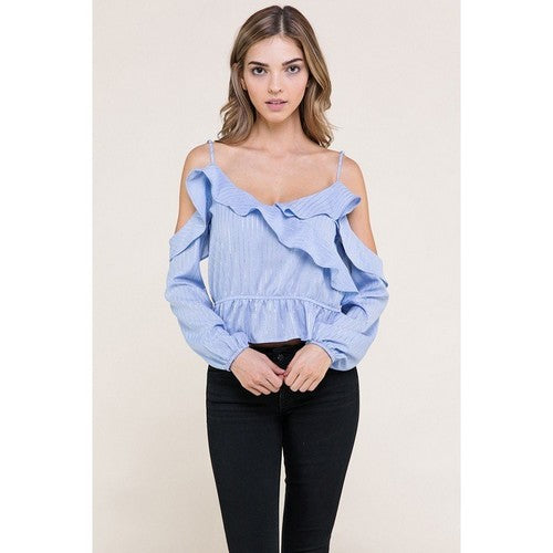 AT5049 Cold Shoulder Ruffle Top in Blue