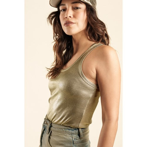 Metallic Rib Tank Top in Gold