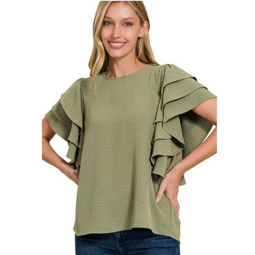 QT-7137Y Multi-Tiered Ruffle Sleeve Top in Light Olive