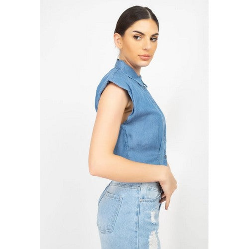 Shoulder Pad Denim Shirt in Medium Denim