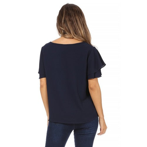 Ruffle Sleeve Keyhole Blouse in Navy
