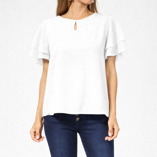 NWMB2393 Ruffle Sleeve Keyhole Blouse in White