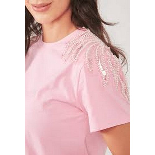 Sequin Shoulder Dressy T-Shirt in Pink