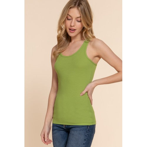 Cotton Rib Racer Back Vest Tank Top in Grass Green