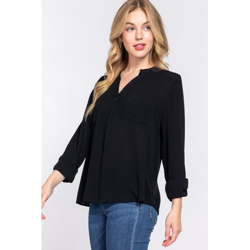 Roll-Up Sleeve Open Neck Blouse in Black