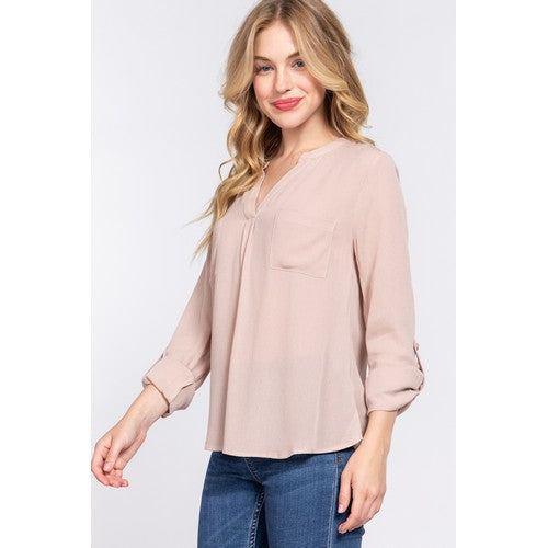 Roll-Up Sleeve Open Neck Blouse in Sand Taupe
