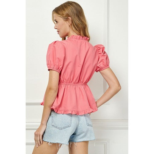 Ruffle Trim Top in Coral
