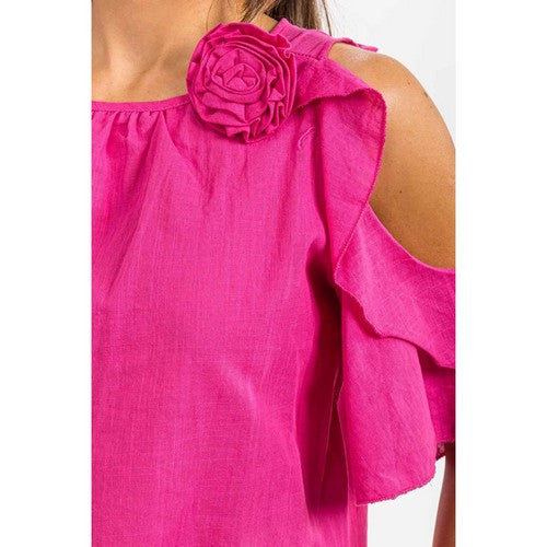 Linen-Look Cold Shoulder Rose Pin Top in Fuchsia
