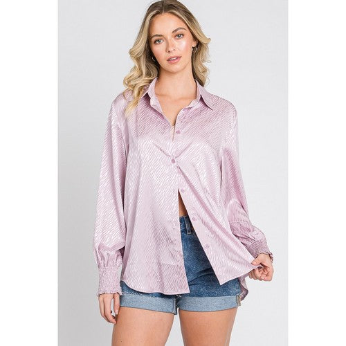 Zebra Print Satin Longline Shirt in Lilac