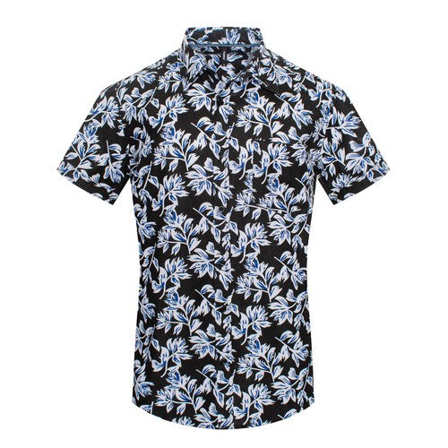 MPS-3068 Toku Cotton Shirt in Black & Blue Leaf Print