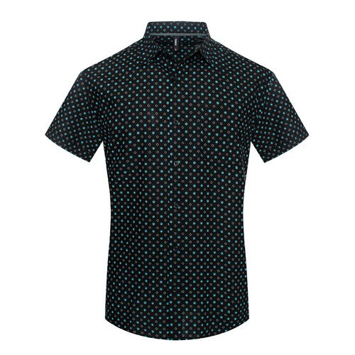 MPS-3089 Toku Cotton Shirt in Black & Teal Motif Print
