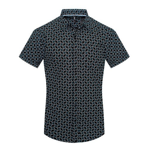 MPS-3060 Toku Cotton Shirt in Black & Teal Honeycomb Print