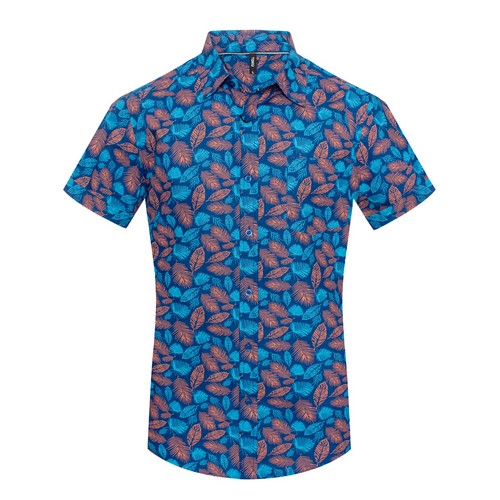 MPS-3075 Toku Cotton Shirt in Royal Blue & Pust Leaf Print