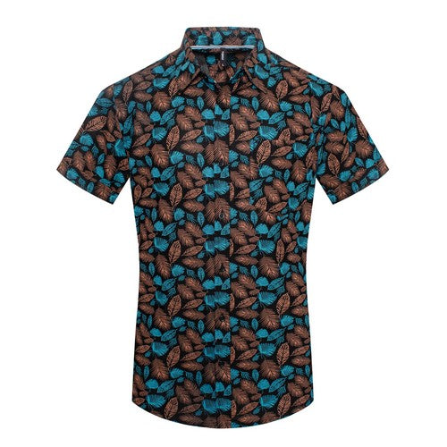 MPS-3074 Toku Cotton Shirt in Teal & Brown Leaf Print