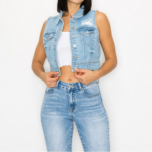 Wax Jean Boxy Crop Waistcoat Vest in Medium Denim