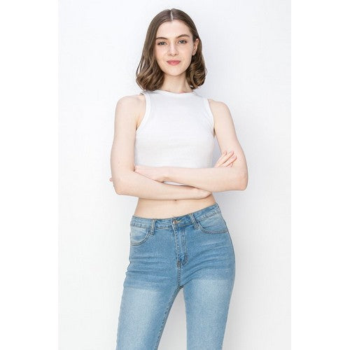 RC227 High Neck Rib Cotton Crop Tank Top in White