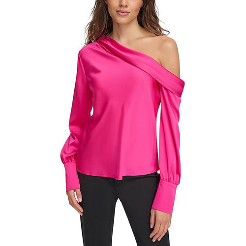 River Island One Shoulder Satin Blouse in Fuchsia