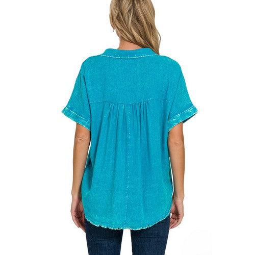 Washed Linen Raw Edge Shirt in Light Teal