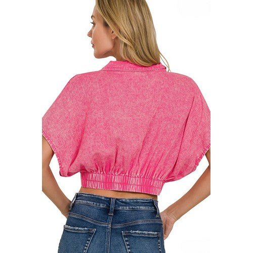 Washed Linen Wrap Crop Top in Fuchsia