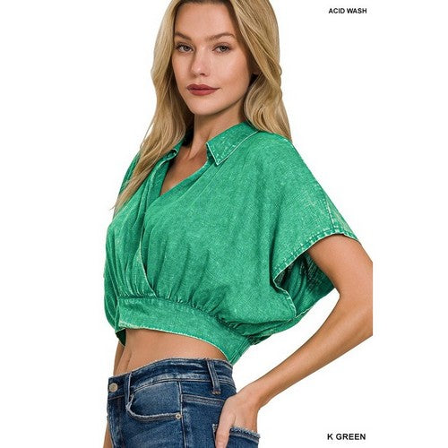 Washed Linen Wrap Crop Top in Kelly Green