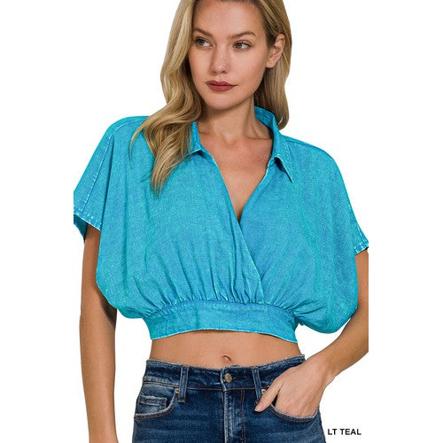QTW-7158Y Washed Linen Wrap Crop Top in Light Teal