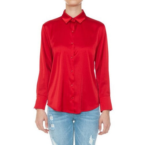 74775 Satin Long Sleeve Shirt in Bold Red