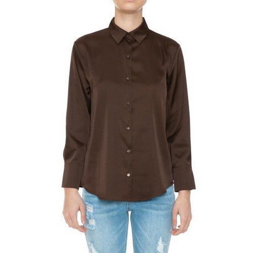 74775 Satin Long Sleeve Shirt in Chestnut