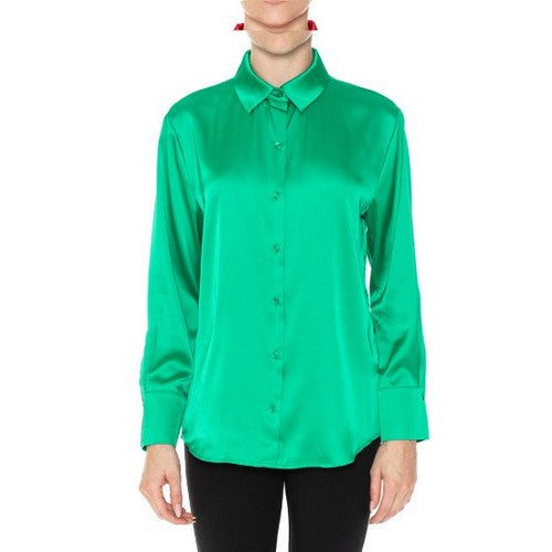 Satin Long Sleeve Shirt in Kelly Green Seasons Fashion Satin Long Sleeve Shirt in Kelly Green Seasons Fashion