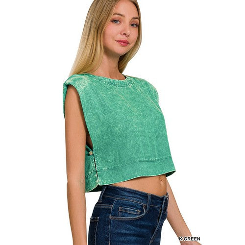 Washed Linen Crop Muscle Top in Kelly Green