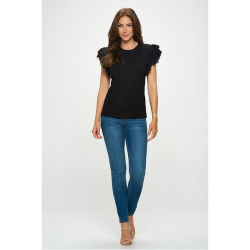 X268 Embroidered Ruffle Sleeve Dressy Tee in Black