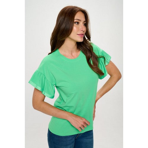 Grosgrain Edge Ruffle Sleeve Dressy Tee in Green