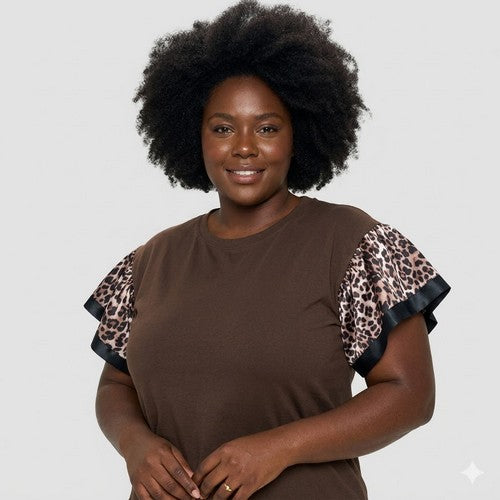 Plus Size Grosgrain Edge Ruffle Sleeve Dressy Tee in Brown Leopard