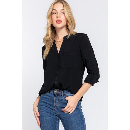 Split Neck Roll Sleeve Shirt in Black