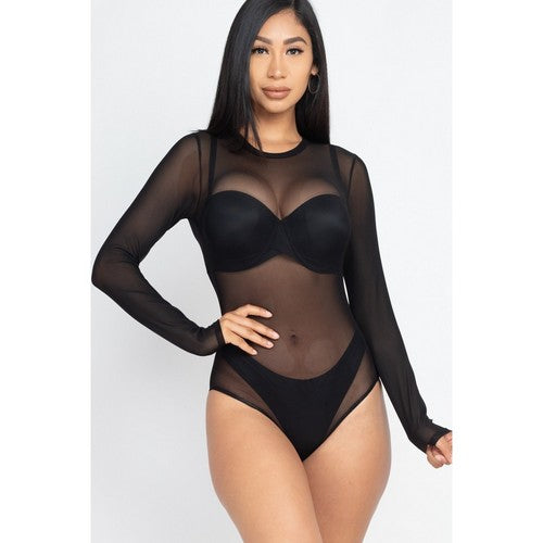 BT2986-C0909 Mesh Long Sleeve Bodysuit in Black
