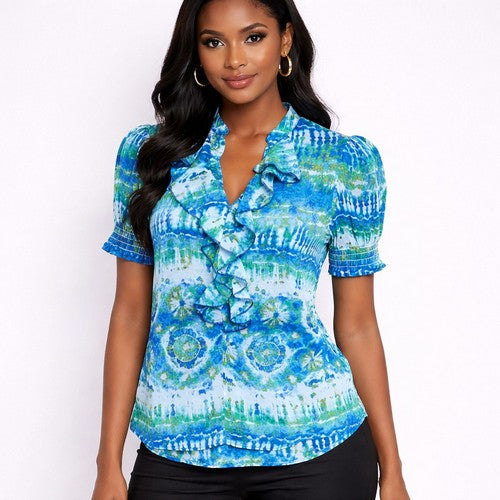 Frill Front Stripe Blouse in Blue Aztec Print
