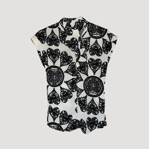 Tie Back High Neck Blouse in Black & White Jacquard Print