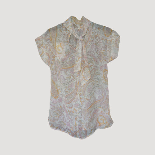Tie Back High Neck Blouse in Pink Paisley