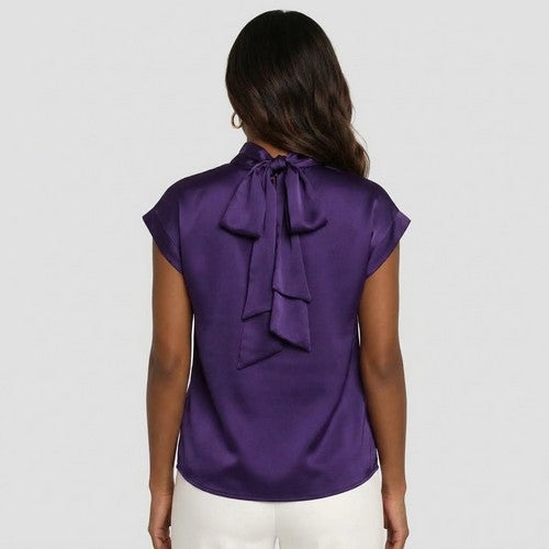 Tie Back High Neck Blouse in Purple Satin Chiffon