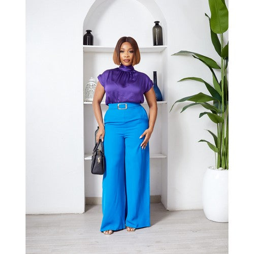 Tie Back High Neck Blouse in Purple Satin Chiffon