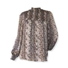 High Neck Blouse in Brown Chiffon Snake Print