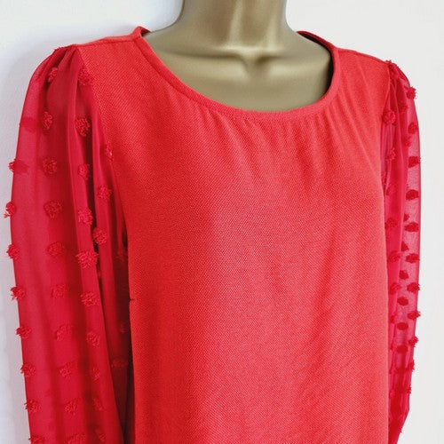 Dobby Sleeve Linen-Look Blouse in Red